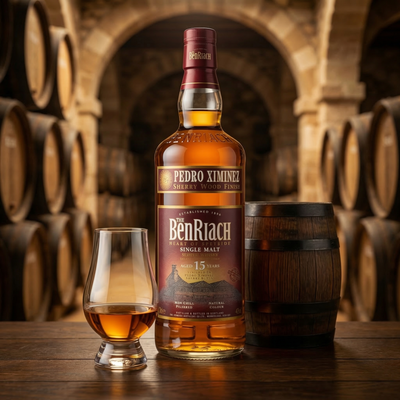 Benriach 15 year old Pedro Ximenez sherry cask whisky with tasting dram in Glencairn glass
