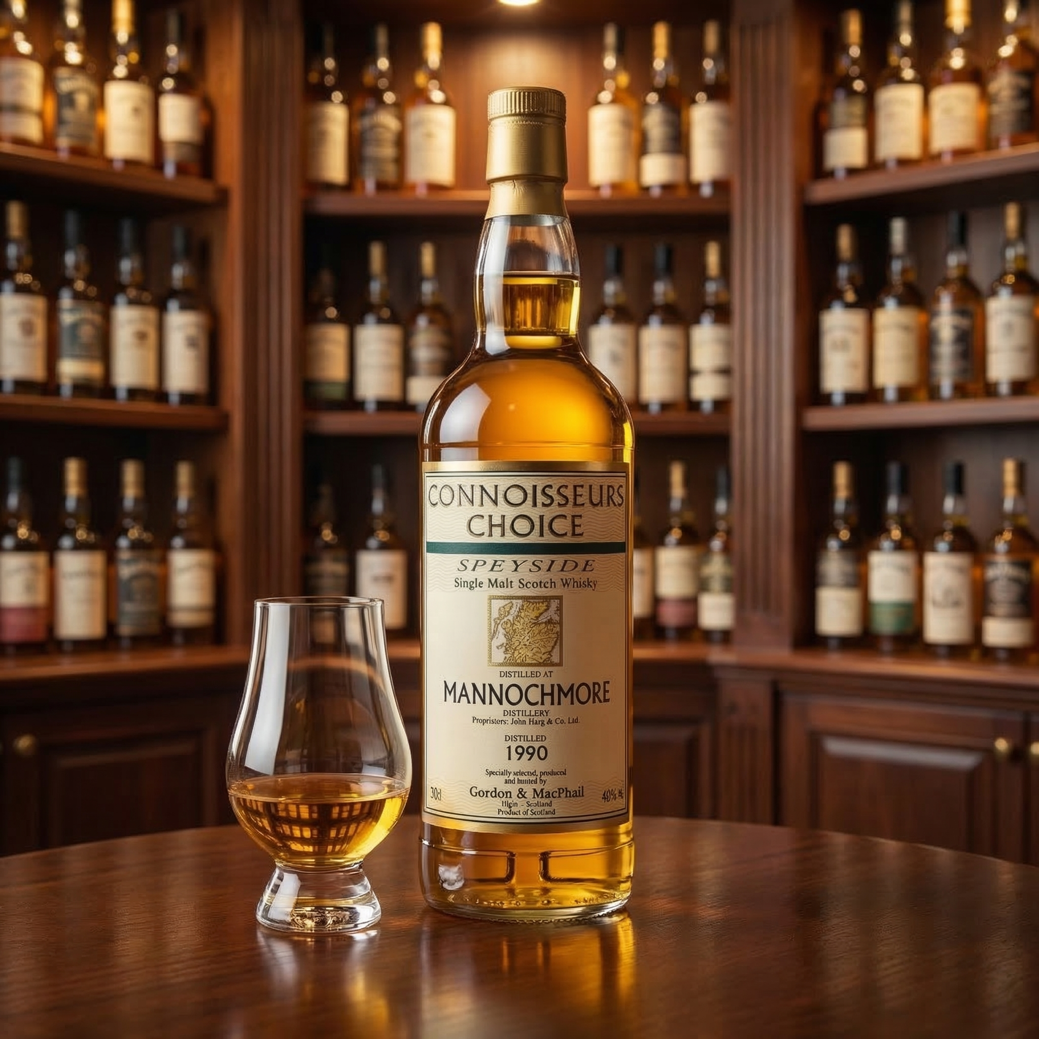 Mannochmore 1990 Connoisseurs Choice single malt whisky bottle with dram glass