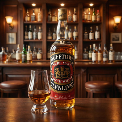 Dufftown 8 Year Old Pure Malt vintage Scotch whisky bottled in the 1970s with 30ml dram sample